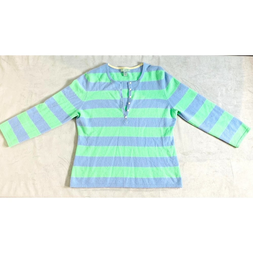 GENEVA Green Blue Scoop Neck Half Button Cashmere  Blouse L